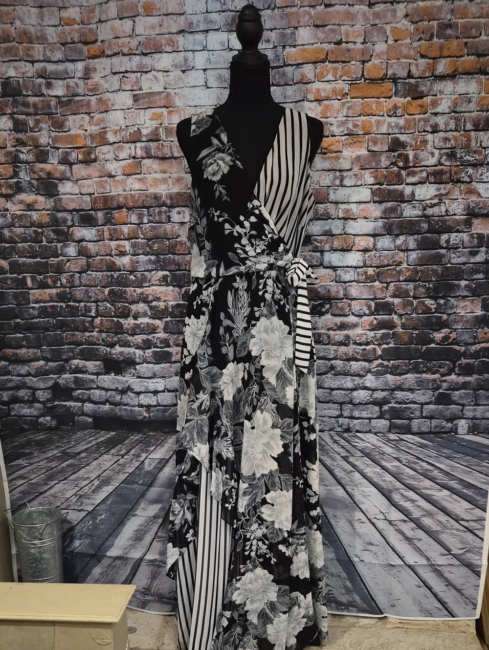 INC International Concepts Black & White Floral-Stripe Wrap Dress